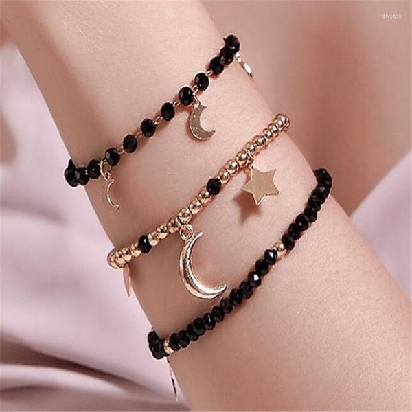 Link Pulseiras Moda Conjunto de Pulseiras de 3 Peças Trançadas à Mão com Frisado Preto Metal Estrela Lua Feminino Doce Meninas Fofas Jóias Femininas