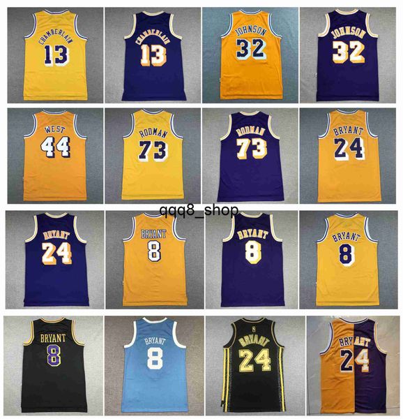 qq8 Camisa de basquete Wilt Chamberlain Lakerss Los Johnson Angeles Bryant Jerry West Dennis Rodman Mitchell e Ness Camisas reminiscentes Roxo Amarelo Tamanho S-XXL