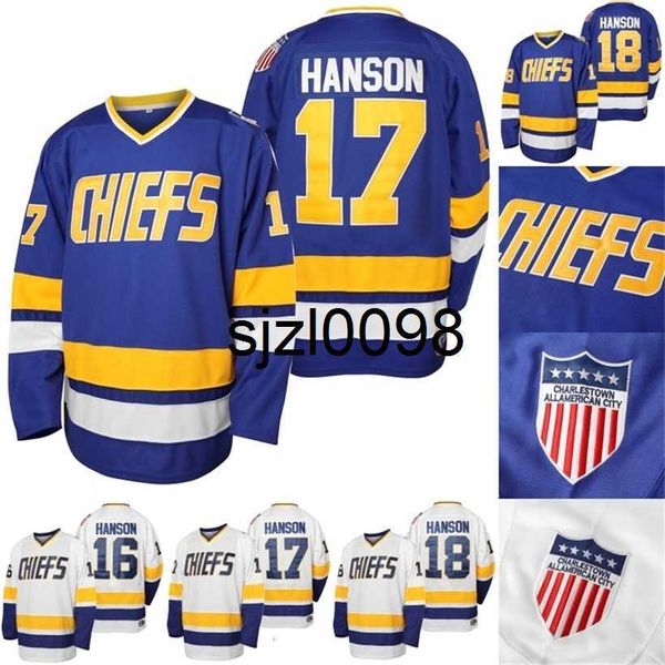 Sj98 Mens Charlestown Hanson Brother Slap Shot Jersey # 16 JackHanson # 17 Steve Hanson # 18 Jeff Hanson Movie Hockey Jerseys Blue White S-XXXL In