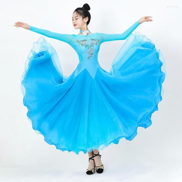 Сценя износ Sky Blue Ballroom Dance Speek Fring с стразами Waltz Social Rumba Costumes Ball Plow