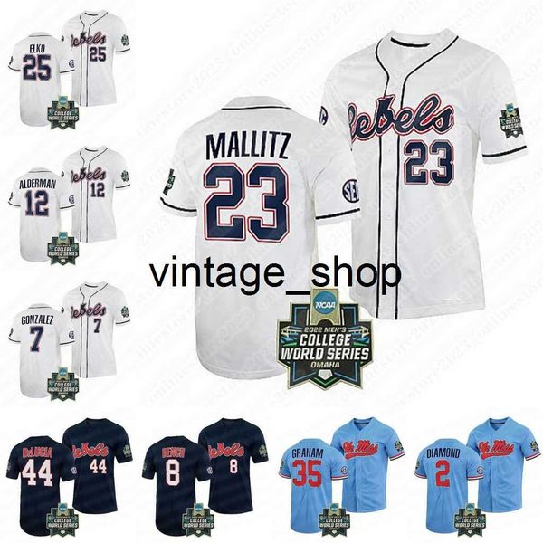 Vin Ole Miss Rebels 2022 College World Baseball Jersey Brandon Johnson Tim Elko Dylan Delucia Jacob Gonzalez Kevin Graham Peyton Chatagnier Derek Diamond maglie