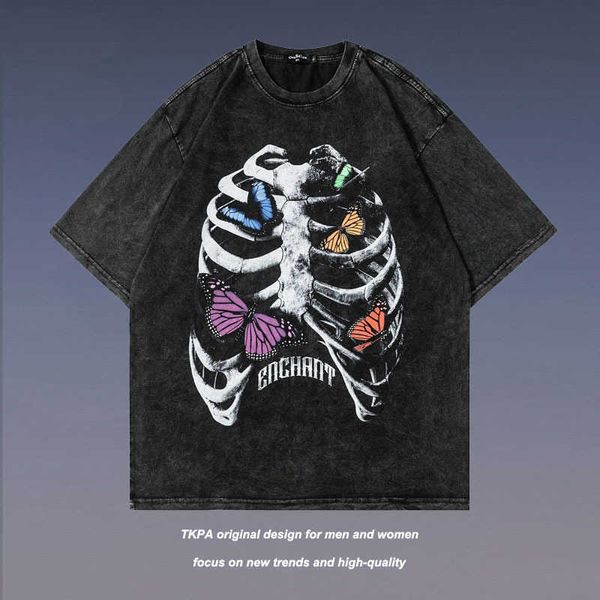 TKPA Butterfly Skull Print Wash Kurzarm T-Shirt Herren Hip Hop High Street Paar Top