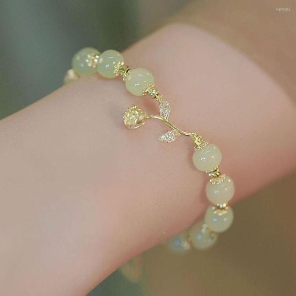 Charm Bracelets Retro Imitation Jade Bracelet For Women Girl Flower Double-Layer Beads Hand Chain Temperament Girlfriends Gifts