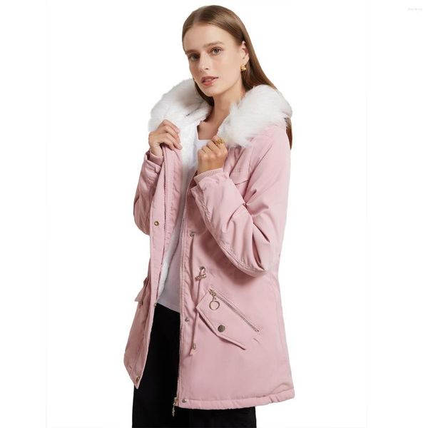 Trench da donna Giacca invernale rosa chiaro Donna Uk Abbigliamento stile femminile Calore Cappotto ampio soprabito di media lunghezza con cappuccio