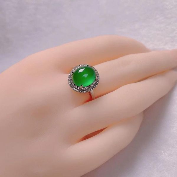 Cluster Rings Natural Full Diamond Green Chalcedony Ring Chinês Jadeite Charme Jóias Mão Esculpida Acessórios de Moda Para Mulheres Homens