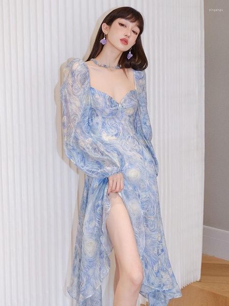 Lässige Kleider Blauer Druck Split Vintage Kleid Frauen Chiffon Frankreich Elegante Party Midi Damen Puffärmel Koreanische Prinzessin Fee 2023