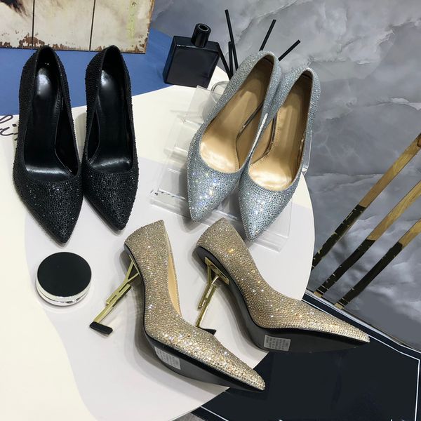 Damen-Design-Schuhe, hoher Absatz, einzelne, hohle, spitze Zehen, Kleid-Schuhe, glitzernde Diamant-Seiden-Party-Hochzeits-Schuhe, Strass, sexy und vielseitiges Bankett mit Box