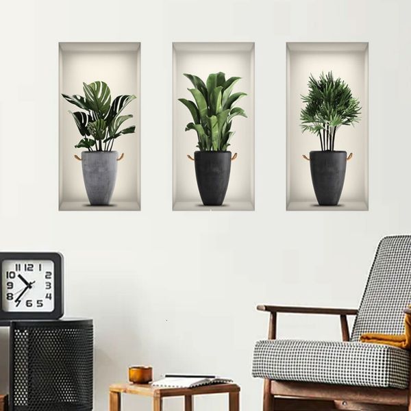 Adesivos de parede 3D plantas verdes em vasos adesivos janela falsa decalques de vinil sala de estar decoração de fundo 230603
