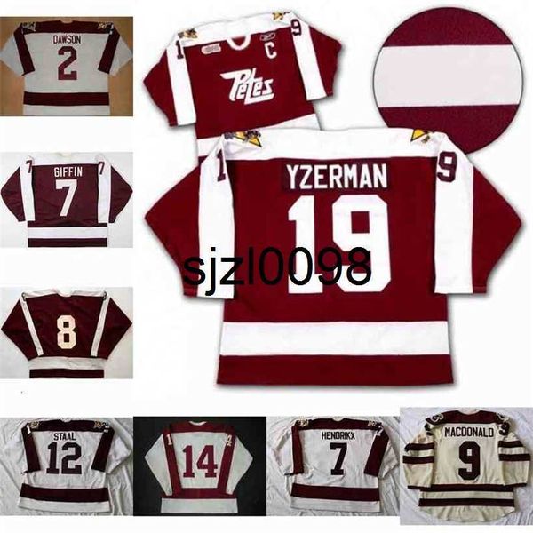 Sj98 Peterborough Petes 2 Aaron Dawson 19 Steve Yzerman 9 Macdonald 7 Hendrikx 14 John Druce 12 Staal 8 Tie Domi 7 Maglia da hockey Rob Giffin