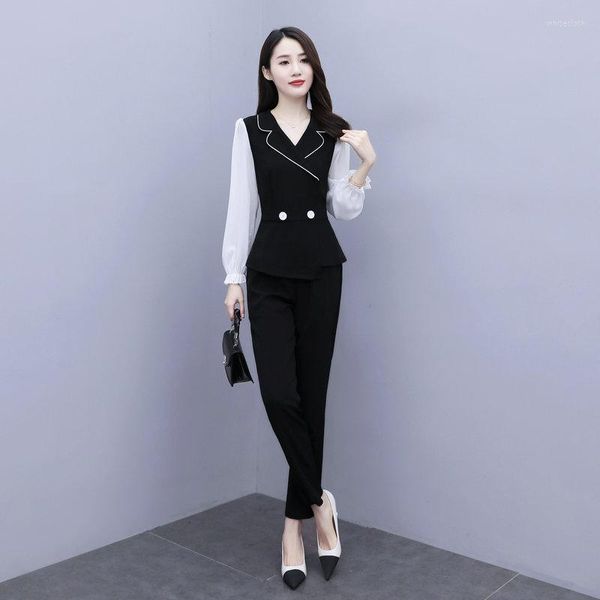 Zweiteilige Damenhose 2023 Damen Schwarz Marineblau Bürodamen-Outfits Oberteil und Hose 2-teiliges Anzugset Hemdhose 2-teilig Twinset-Kleidung