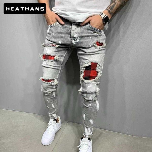 Jeans masculino slim fit rasgado com remendo pintado da moda calça mendigo lápis masculino hip hop XLL