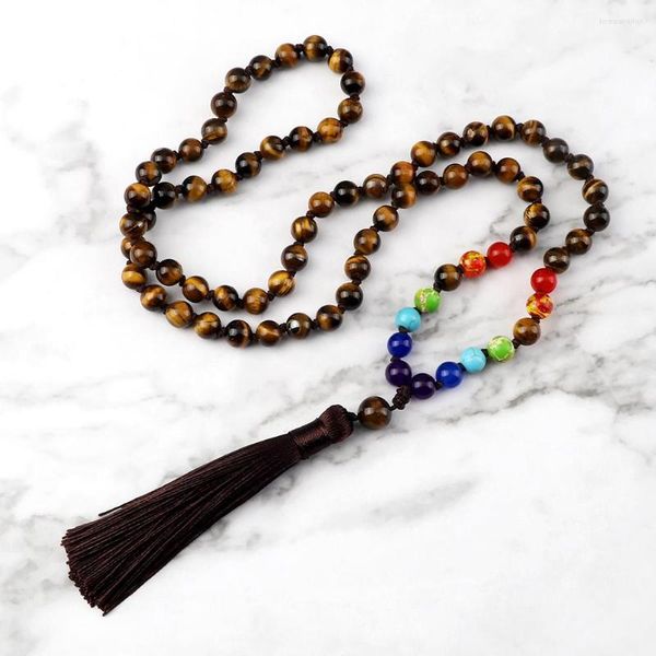 Anhänger Halsketten Tigerauge Stein 7 Chakra Perlen Halskette Reiki Heilung Yoga Balance Quaste Mala Gebet Schmuck Für Frauen Männer