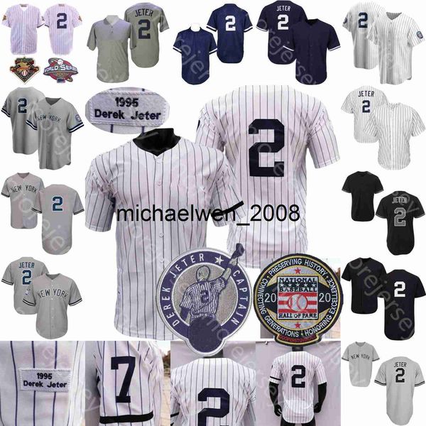 Mi208 2 Derek Jeter Jersey Vintage 2020 Hall Of Fame Patch Baseball 1995 Coopers-town Home Away Blanc Pinstripe Gris Tous Cousu Hommes Taille M-3XL