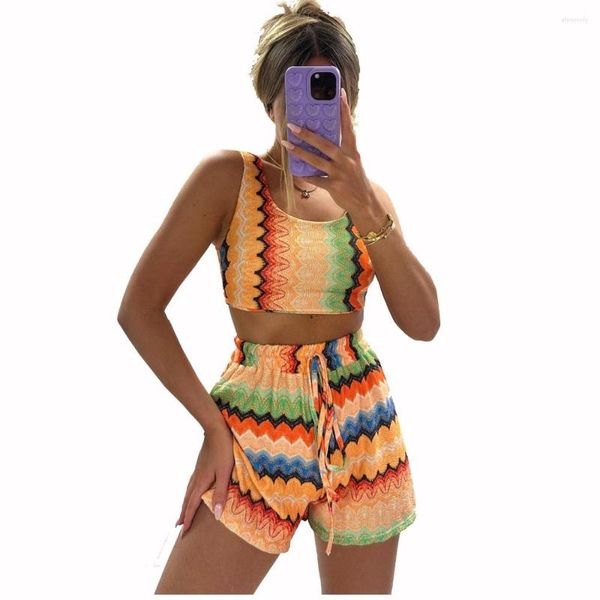 Fatos de treino femininos por atacado conjuntos curtos verão 2023 impressão conjunto de duas peças roupas femininas sem mangas cropped top e shorts feriado boho