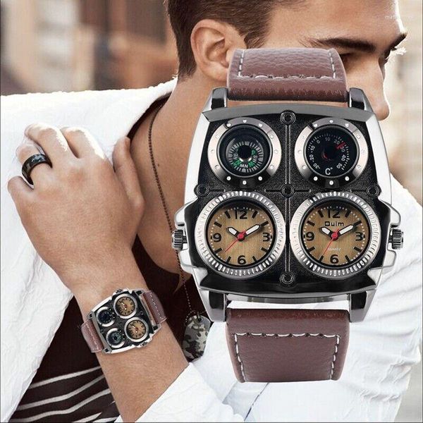 Orologi da polso Cool OULM Orologio da uomo Sport militare Orologi al quarzo Doppio fuso orario Cinturino in pelle marrone