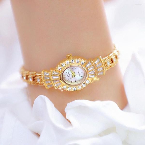 Armbanduhren Vintage Gold Luxus Diamant Set Beimu Zifferblatt Quarz Damenuhr Elegante ovale Zeigerkette Wasserdicht Geschenk Renogio Femino