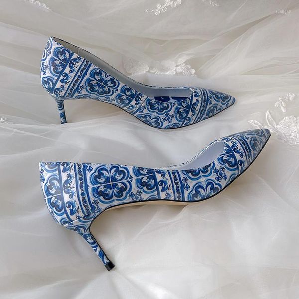 Sapatos sociais Clássicos Sapatos de salto agulha com estampa de porcelana azul e branca Designer estampa floral Festa banquete feminino Salto alto verão