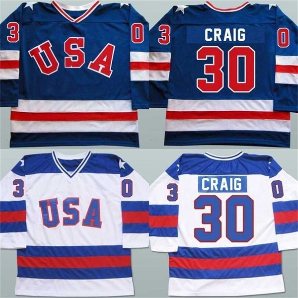 C2604 Mit Mens 30 Jim Craig Jersey 1980 Miracle On Ice Hockey Maglie 100% ricamo cucito Team USA Hockey Maglie Blu Bianco S-3XL