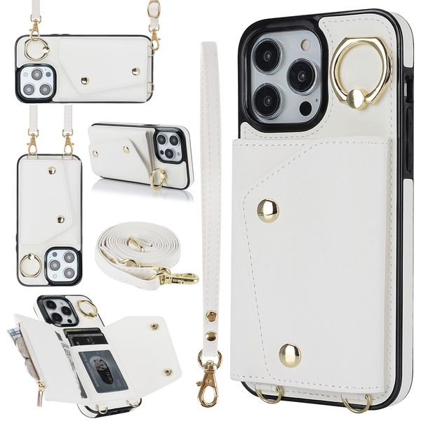 Crossbody Strap Leder Reißverschluss Tasche Kartenhalter Brieftasche Hülle für iPhone 15 Pro Max 14 13 12 11 XS 8 7 Plus Ring Kickstand Telefonabdeckung mit Lanyard