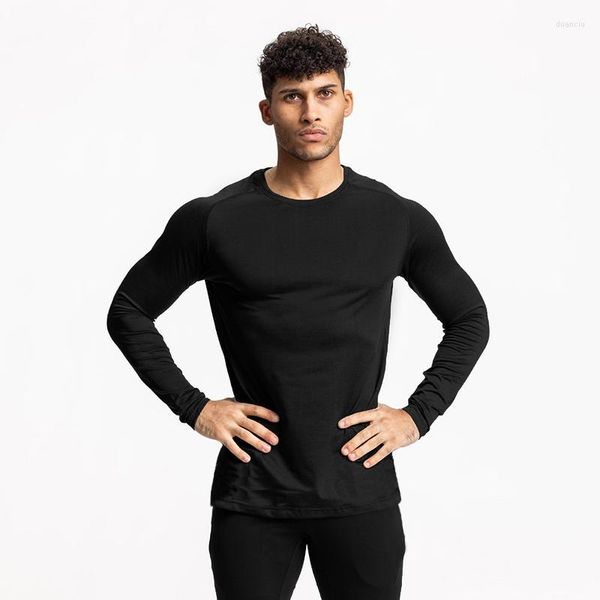 Camiseta Masculina Masculina Manga Comprida Tight Elástica T-shirt Academias Fitness Casual Simples Tops Sólidos Outono Respirável Camisa de Treinamento de Secagem Rápida