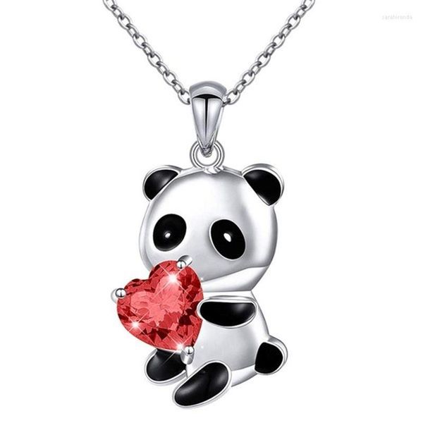 Collane con ciondolo Gioielli in vero argento sterling 925 Collana con panda adorabile Cuore colorato con zirconi cubici per le donne