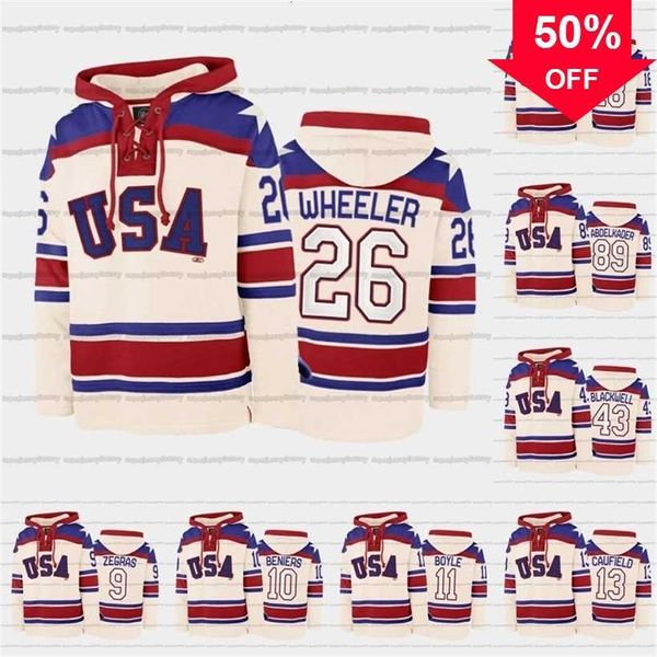 Mag A3740 USA Hockey Team Lace-Up Relate Felpa con cappuccio Jersey Custom 9 Trevor Zegras 26 Blake Wheeler 18 Jack Drury 43 Colin Blackwell 11 Brian Boyle 12 Alex