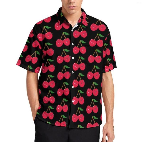 Camisas casuais masculinas vermelhas cerejas fofas frutas praia camisa homem kawaii cereja verão manga curta personalizado vintage oversized blusas presente