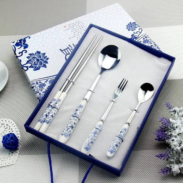 Conjunto de talheres de porcelana azul e branco talheres colher aço inoxidável conjunto de talheres ocidental cabo de cerâmica faca garfo jantar