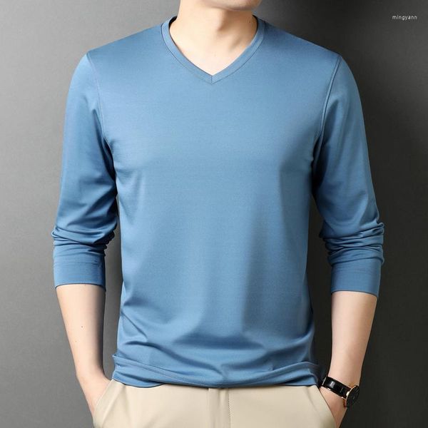 Camisetas masculinas de alta qualidade tops de seda amora 2023 primavera casual decote em v modal algodão manga longa masculina sólida lisa camiseta