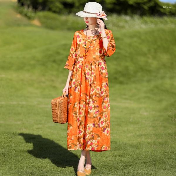 Artı Beden Elbiseler Yaz Elbise O Boyun Moda Kadın Şişman Plajı Seyahat Bohem Doğum Baskısı Uzun Seaside Vestidos