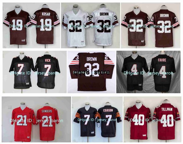 qqq8 Throwback-Fußballtrikot 32 Jim Bown 19 Bernie Kosar 7 Michael Vick 4 Brett Favre 21 Deion Sanders 40 Pat Tillman 7 Boomer Esiason MN Braun Schwarz Rot Weiß