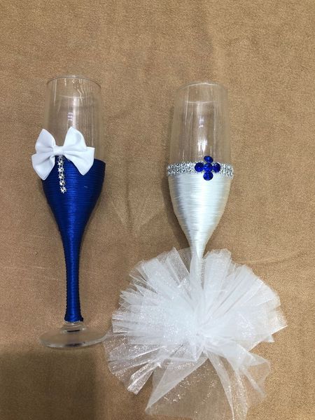 Altri articoli per feste per eventi est 1 paio lotto blu e bianco Bowknot wedding Champagne Toasting Glasses Set per la decorazione 230603