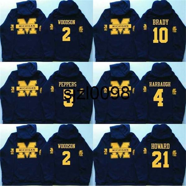 Sj98 Men Michigan Wolverines Coollege Jersey 5 Jabrill Peppers 4 Jim Harbaugh 10 Brady 2 Charles Woodson 21 Howard Camisolas Camisolas com Capuz