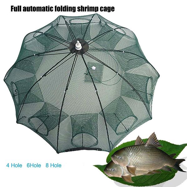 Acessórios de pesca Reforçado 4-8 buracos Rede de pesca automática Gaiola de camarão Nylon dobrável Armadilha para peixes Rede fundida Dobra para caranguejo Armadilha de pesca Rede de pesca 230603