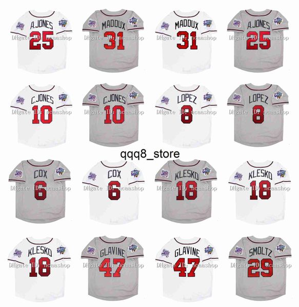 qq88 Vintage 1990 World Series Baseball Jersey Chipper Jones Andruw Jones Greg 31 Maddux Javy Lopez Bobby Cox Ryan Klesko Tom Glavine John Smoltz Weiß Grau Größe S-XXXL