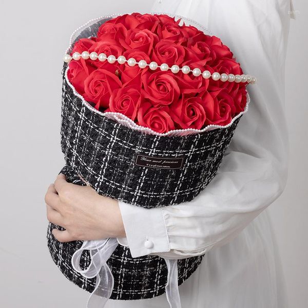 Flores decorativas Jabón Ramo de rosas Acabado Artificial Flor falsa creativa con envoltorio Cumpleaños Regalo de boda Día de San Valentín