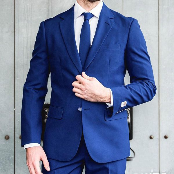 Erkekler Suits Slim Fit Kraliyet Mavisi Çentikli Yoklu Erkekler İçin 2 Parça Damat Smokin Özel Düğün Adam Moda Kostüm Ceket Pantolon