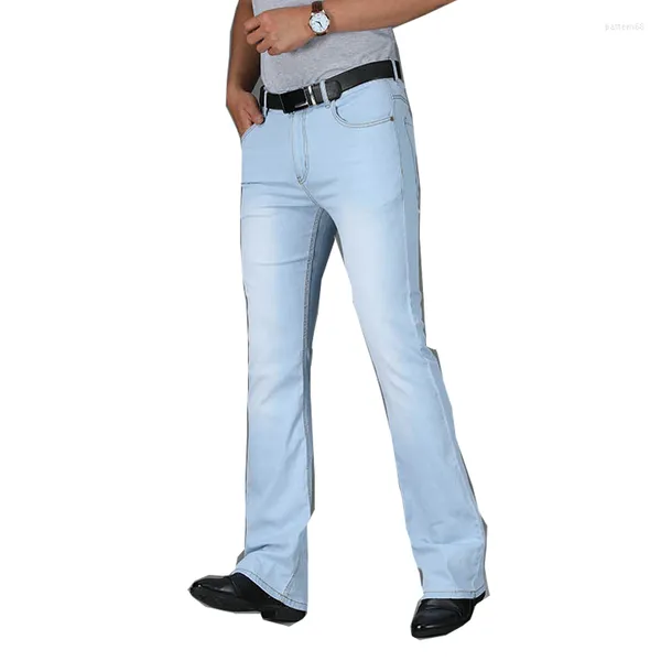 Calças Masculinas Jeans Slim Jeans Cintura Média Stretch Respirável Azul Claro Moda Verão 2023
