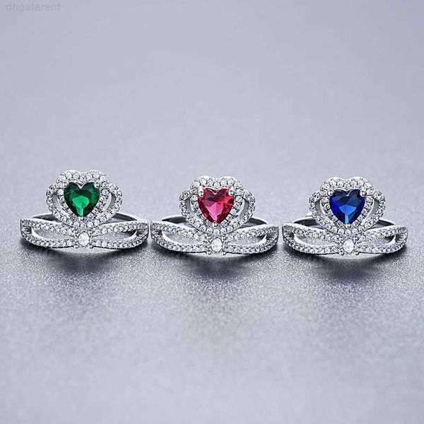 Band Princess Crown Rings Micro Pave Aaa Cubic Zirconia Prong Set Color Hearted Stone per le donne Matrimonio Festa di fidanzamento Anello regolabile Gioielli