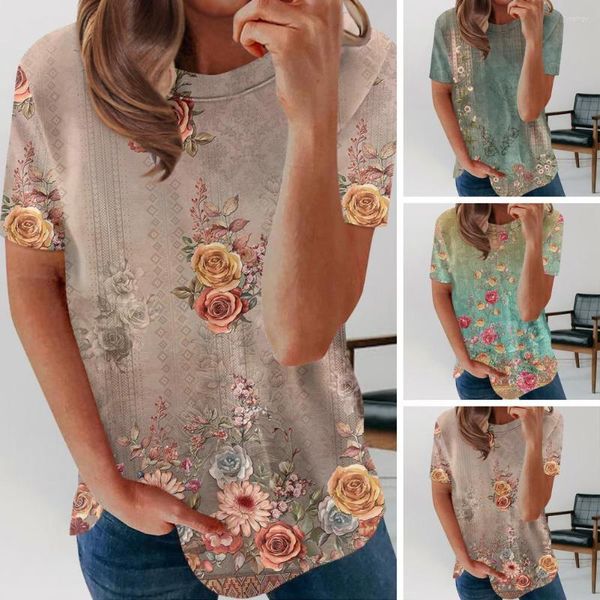 Blusas femininas casuais camisetas com decote em bico tops de verão retrô bordado estampa flor