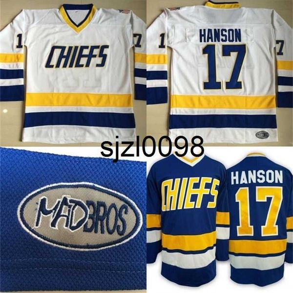 Sj98 #17 Steve Hanson Charlestown Men's Hanson Brother Slap Shot Stitched Bordado Movie Hockey Jerseys Blue White