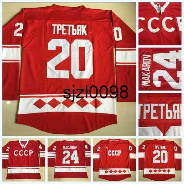 Sj98 Mens 20 Vladislav Tretiak Rússia Jersey 24 Sergei Makarov 1980 CCCP Hockey Jerseys Nome e número com costura dupla