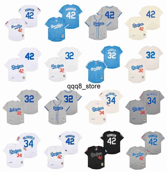 qqq8 Mitchell e Ness Throwback Dodgers Baseball Jersey 42 Jackie Robinson Brooklyn 32 Sandy Koufax 34 Fernando Valenzuela Los Black Cream Angeles Bianco Grigio Taglia S