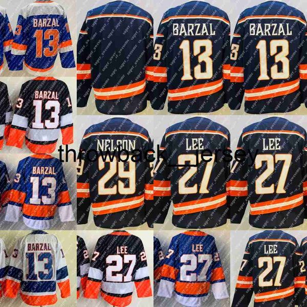 Thr 13 Mathew Barzal Jersey 27 Anders Lee 29 Brock Nelson Hockey Jerseys Royal White BLANK Stitched