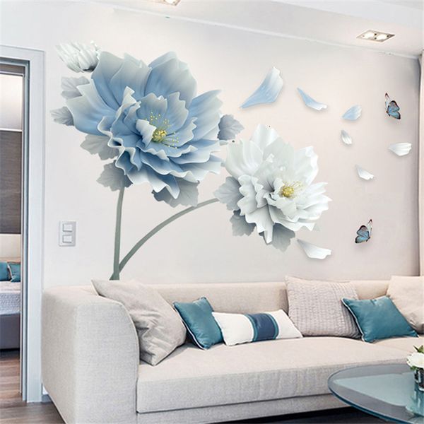 Adesivos de parede grande flor azul branca borboleta de lótus decalques de arte 3D removíveis mural de decoração para sala de estar quarto 230603