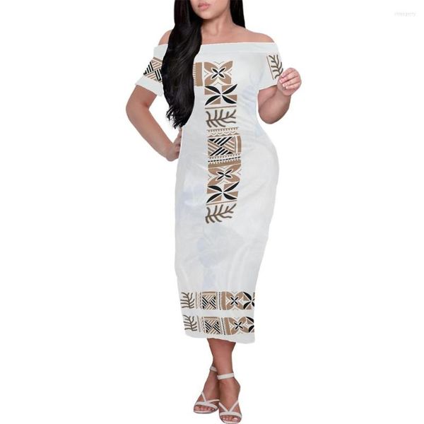 Vestidos casuais Roupas tribais polinésias Samoan White Tapa Flower Pattern Print Custom Sleeve Short Sleeve Dress Design Shoulder Bodycon