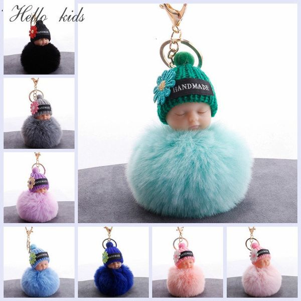 Peluş anahtarlık uyuyan bebek bebek anahtarlık çiçek pompom tavşan kürk top anahtar zinciri kabarık araba anahtarlık 230603