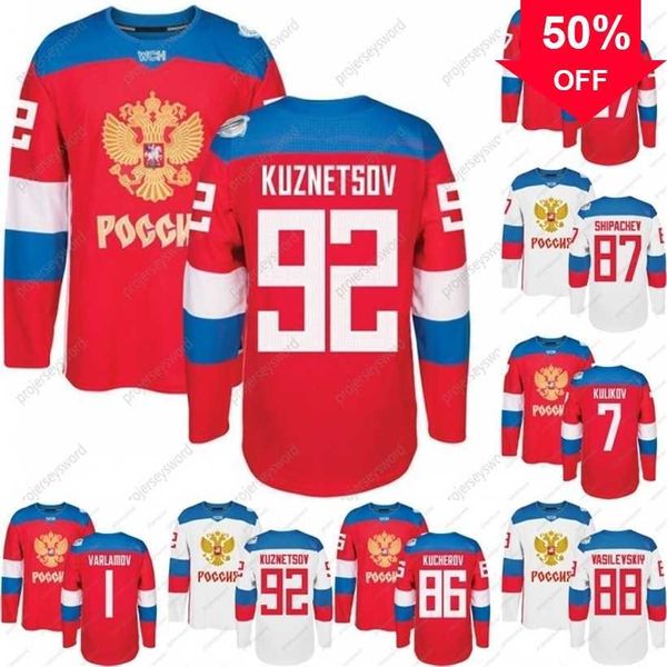 Camisa de hóquei na Copa do Mundo Mag Mit 2016 da Rússia WCH 86 Kucherov 87 Shipachev 9 Orlov 7 Kulikov 1 Varlamov 92 Kuznetson 77 Telegin Camisa de hóquei no gelo