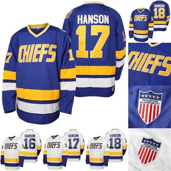 C2604 Mit Herren Charlestown Hanson Brother Slap Shot Jersey #16 JackHanson #17 Steve Hanson #18 Jeff Hanson Movie Hockey Jerseys Blau Weiß S-XXXL In