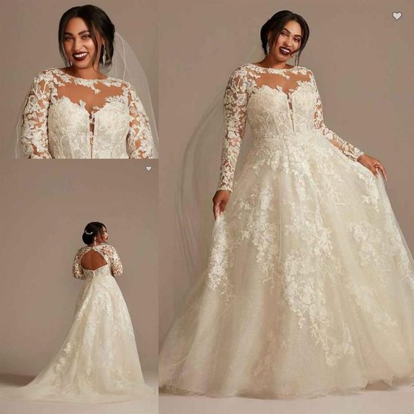 OLEG CASSINI Pizzo Illusion Manica lunga Plus Size Abiti da sposa 2022 Sheer O-Collo Applique Floreale Gonna a sbuffo Princess Bridal Gow256O